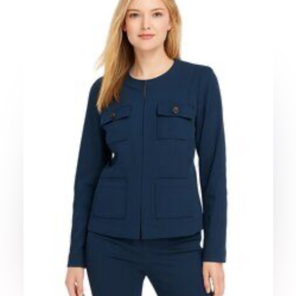 White House Black Market Collarless Ponte Knit Jacket size 14 Twilight Blue